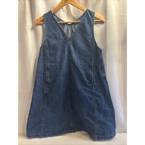 Uni Qlo Denim Jumper Dress Womens 13 Blue Denim Sleeveless Pockets Zipper